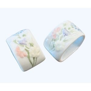 Vintage Floral Pastel Pink Blue Fine Bone China Napkin Holder Rings Set Of 2